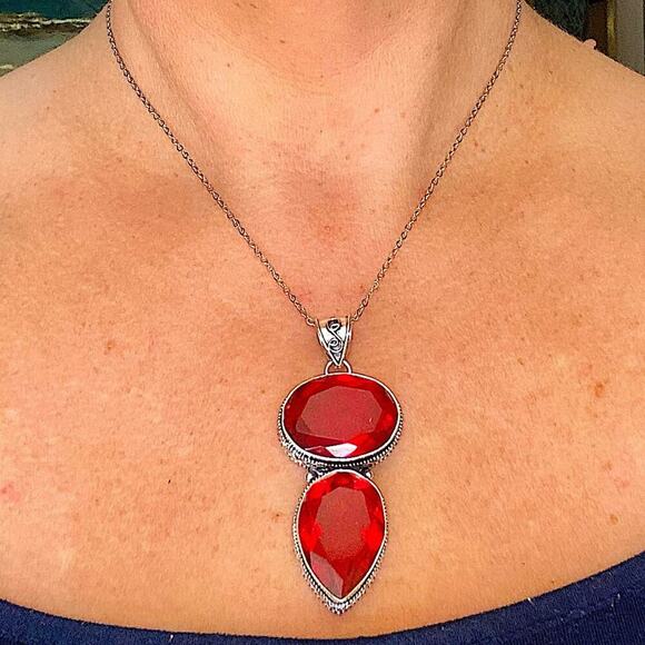 Antique Ruby Pendant Necklace, Sterling Silver, Double Gemstone, Stateme… - Picture 2 of 11